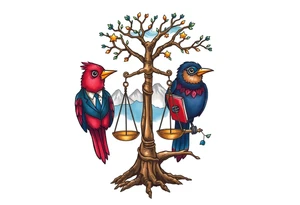 one of the birds red wearing a suit, other bird navy blue with glasses or holding a book, scales of justice built into a tree, starry night painting and mountain background tattoo idea