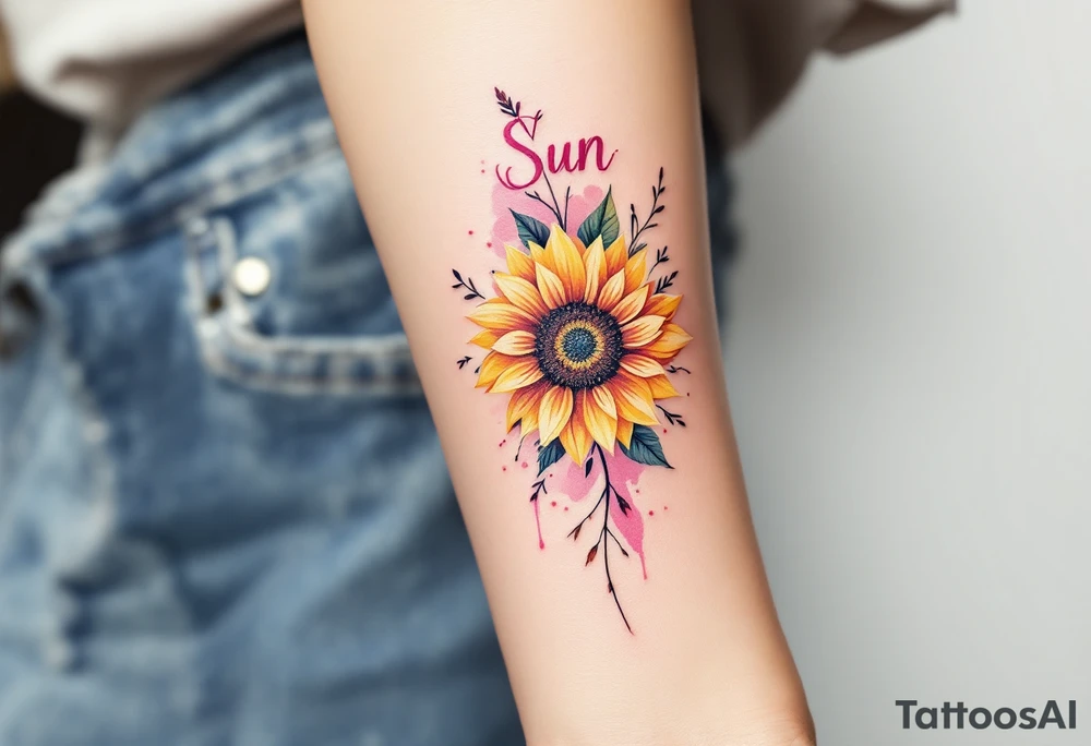 Word "Sun" written vertical with sunflower in pink tattoo idea