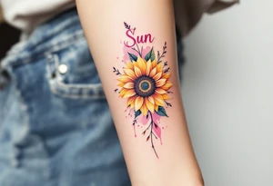 Word "Sun" written vertical with sunflower in pink tattoo idea