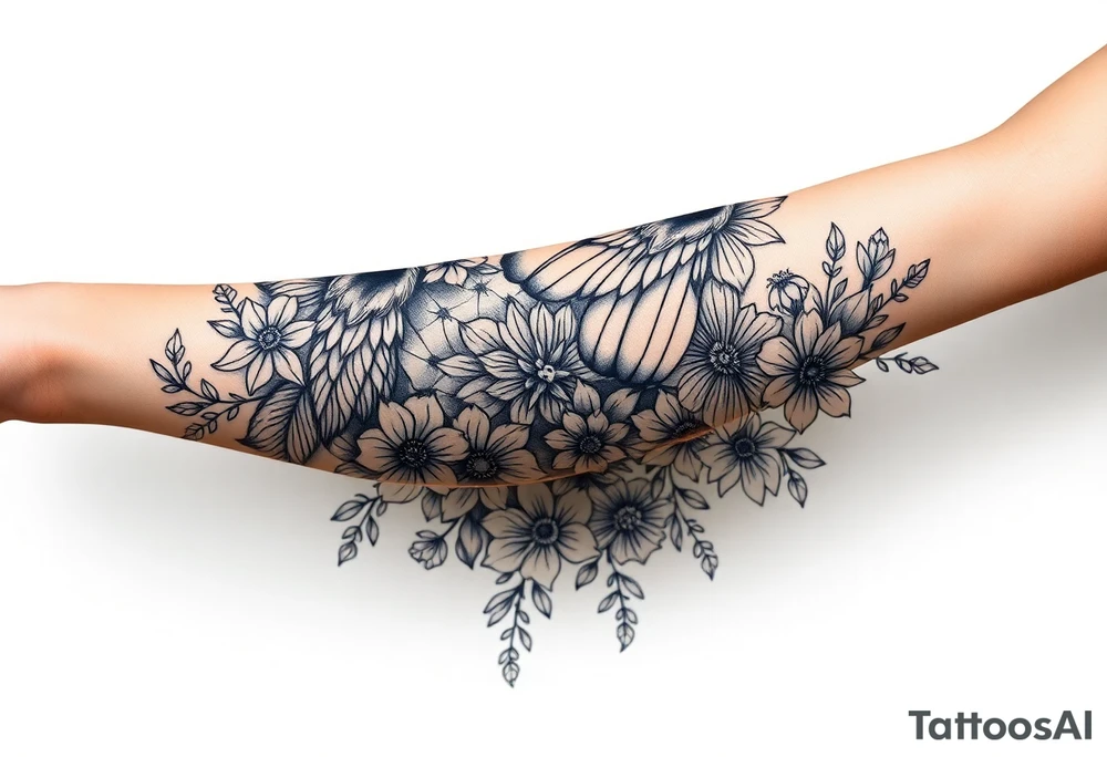 Magical powerful animal sleeve with fairies and flowers tattoo idea