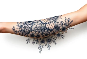 Magical powerful animal sleeve with fairies and flowers tattoo idea