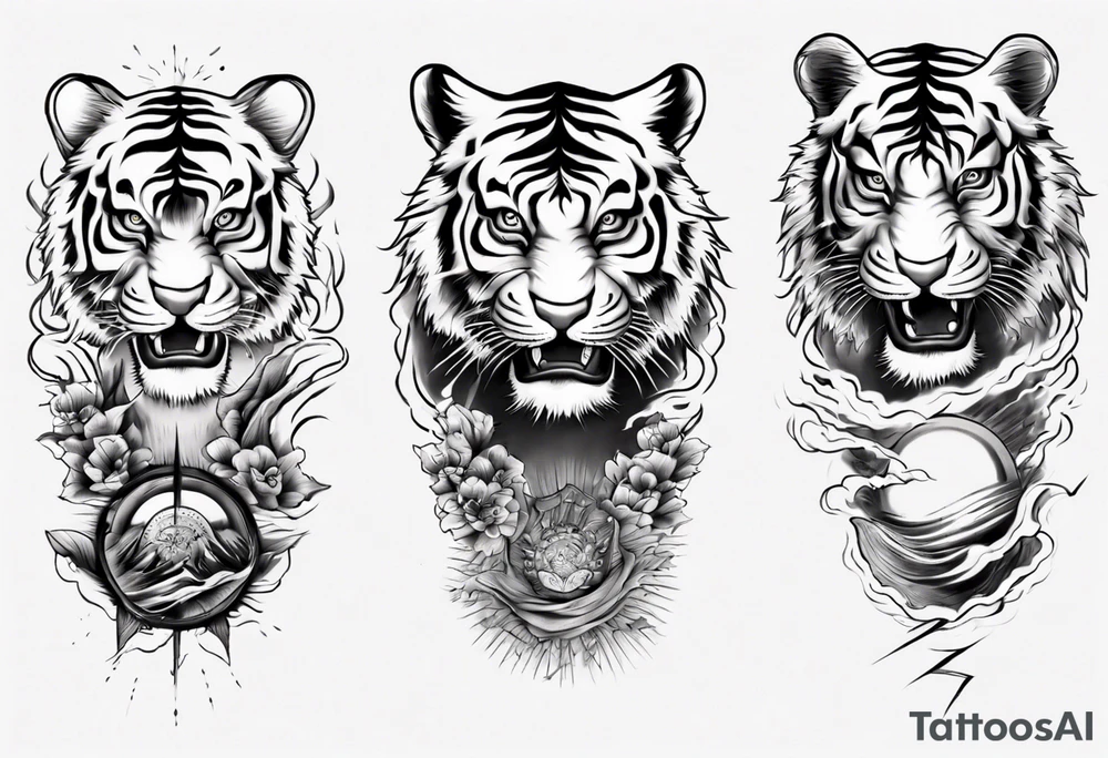 Tiger sleeve tattoo with lightning and the sun
Forearm sleeve tattoo idea