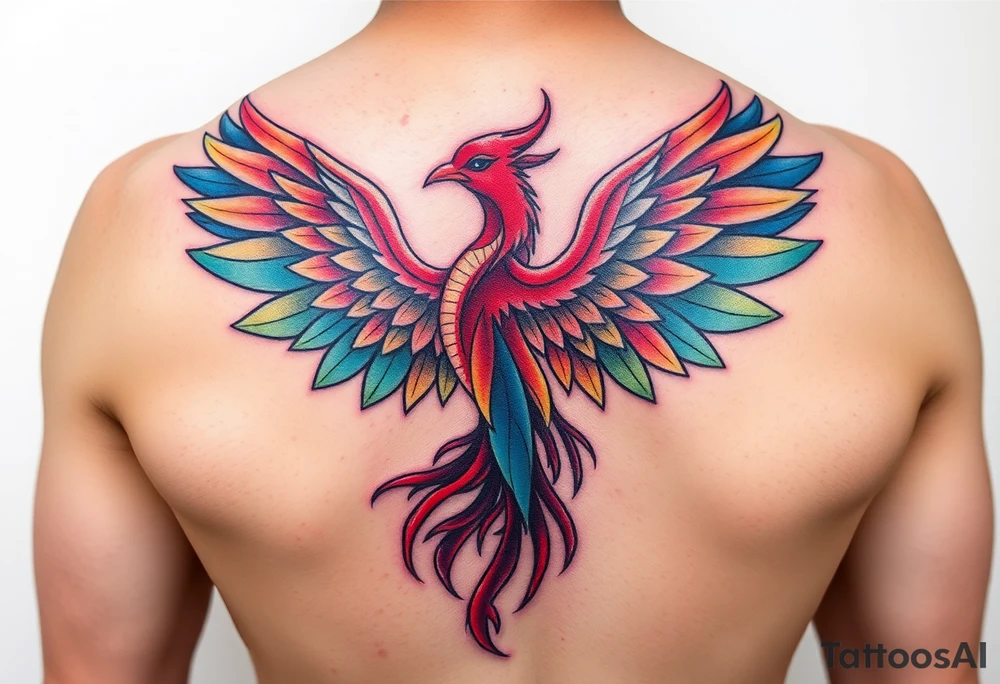 A feminine Phoenix in a rainbow of colors tattoo idea