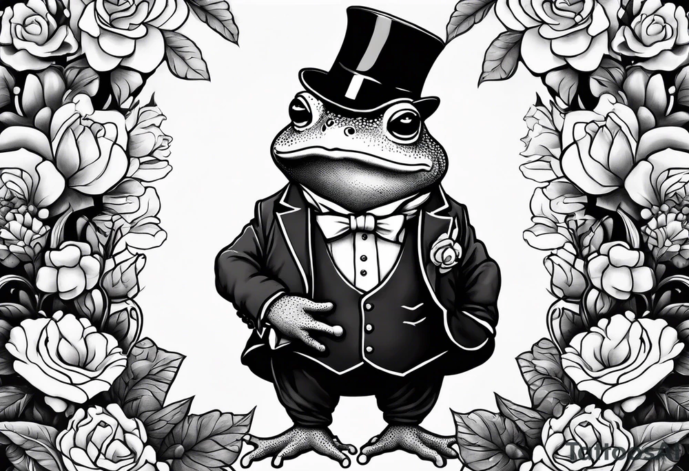Cute toad wearing top hat and a suit standing on its Back legs while holding flowers tattoo idea