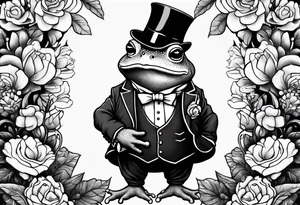 Cute toad wearing top hat and a suit standing on its Back legs while holding flowers tattoo idea
