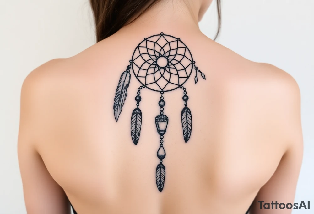 native dreamcatcher with flowing feathers and sacred beads tattoo idea