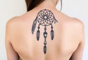 native dreamcatcher with flowing feathers and sacred beads tattoo idea