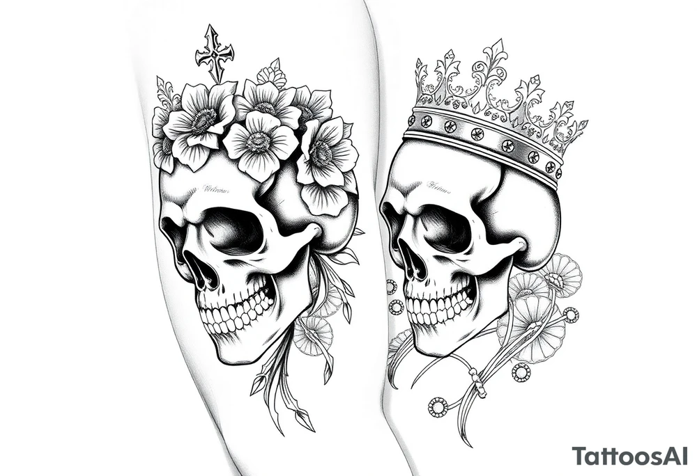 ornate man and woman’s skulls both adorned with a crown and the woman’s skull should have a crown of wild daisies roses with Thornes. The mans should have emeralds. With a background of gold coins and rubys treasure tattoo idea