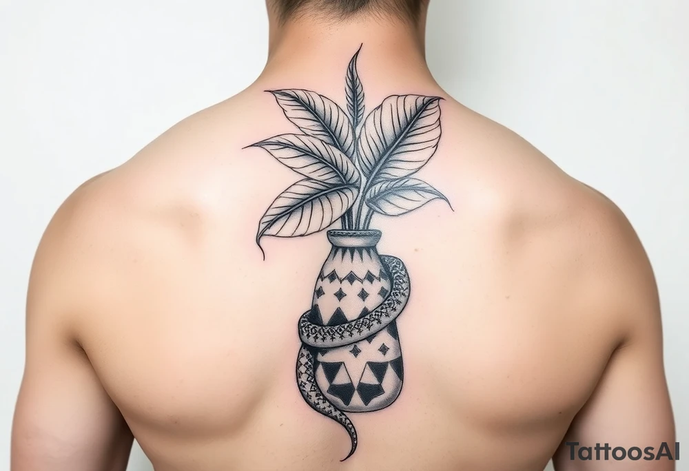 Decorative vase with monstera leaves and a snake wrapped around tattoo idea
