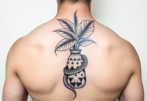 Decorative vase with monstera leaves and a snake wrapped around tattoo idea