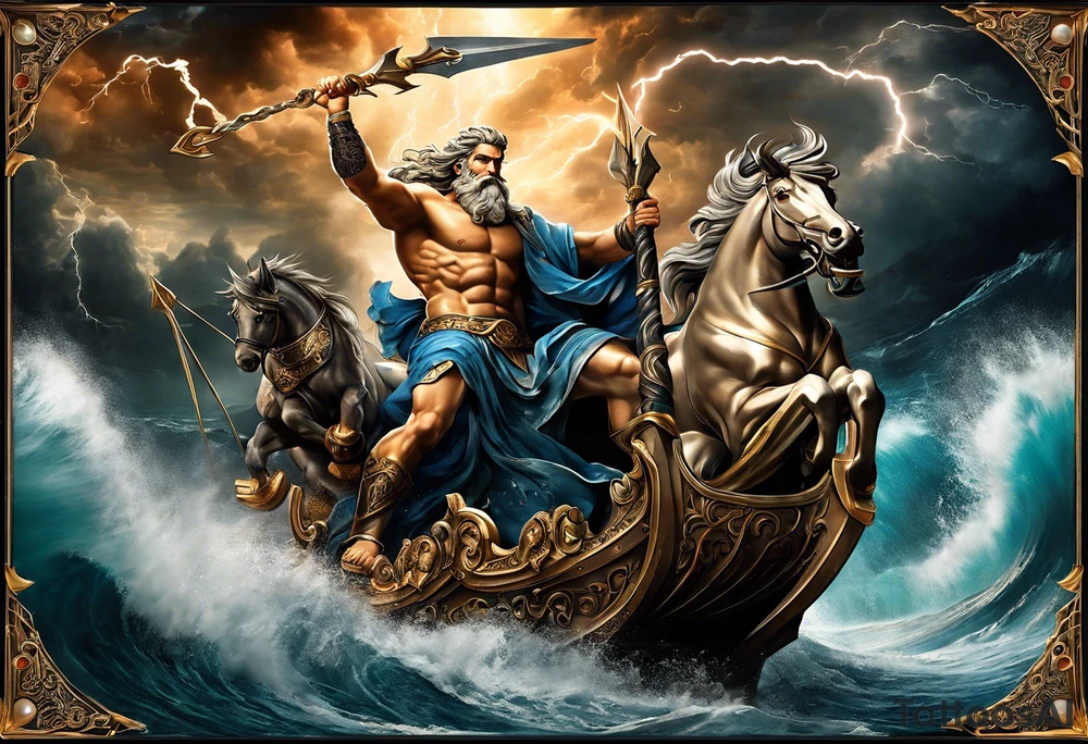 Tattoo sleeve with Zeus, Poseidon and Hades. Zeus holding a thunderbolt aloft in one hand with storm clouds and lightning bolts in the background. Poseidon riding a chariot pulled by seas horses with waves crashing around them. He is also wielding his trident. Hades seated on a dark throne in the underworld, surrounded by shadowy figures tattoo idea