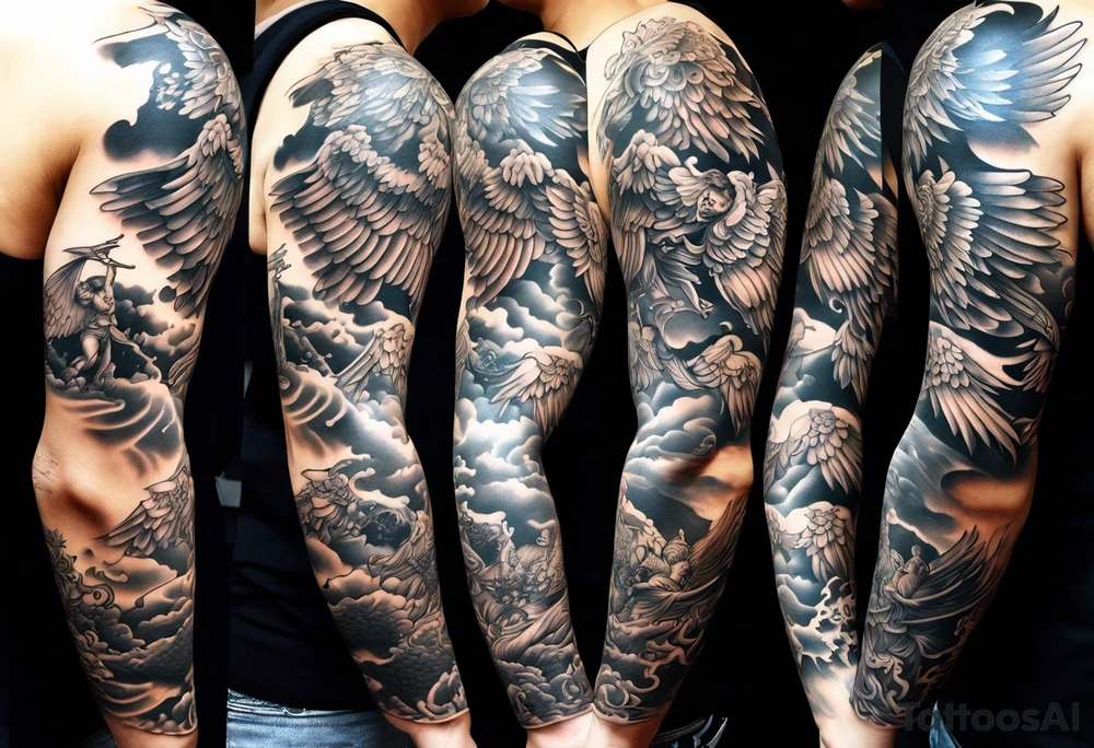 Arm sleeve with Angels with guns fighting demons below tattoo idea Arm sleeve with Angels with guns fighting demons below tattoo idea