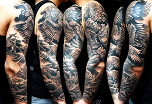 Arm sleeve with Angels with guns fighting demons below tattoo idea