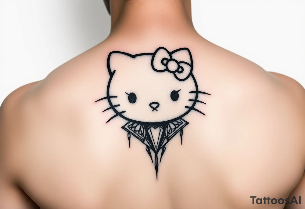 white background, cyber sigilism art / neo primal inspired hello kitty tattoo idea
