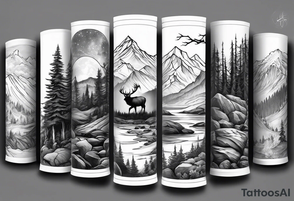 Arm sleeve with a mountain and elk tattoo idea