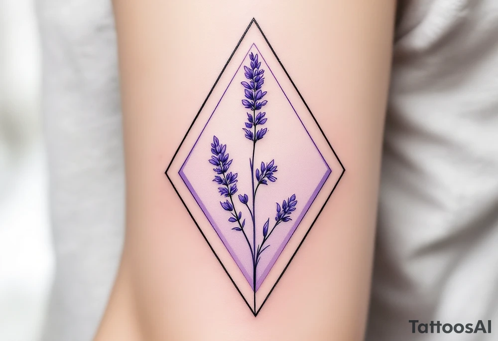 A geometric lavender sprig within a diamond frame, with a gradient from deep violet to soft lilac. tattoo idea