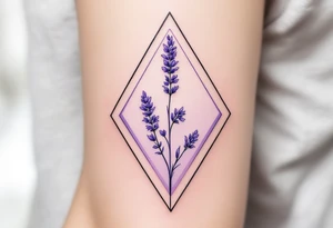 A geometric lavender sprig within a diamond frame, with a gradient from deep violet to soft lilac. tattoo idea