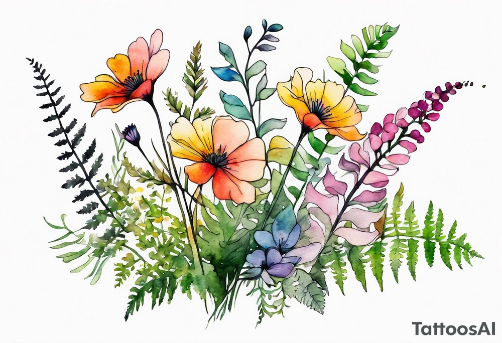 Multi colored wild flowers long stems bouquet with ferns all watercolor tattoo idea