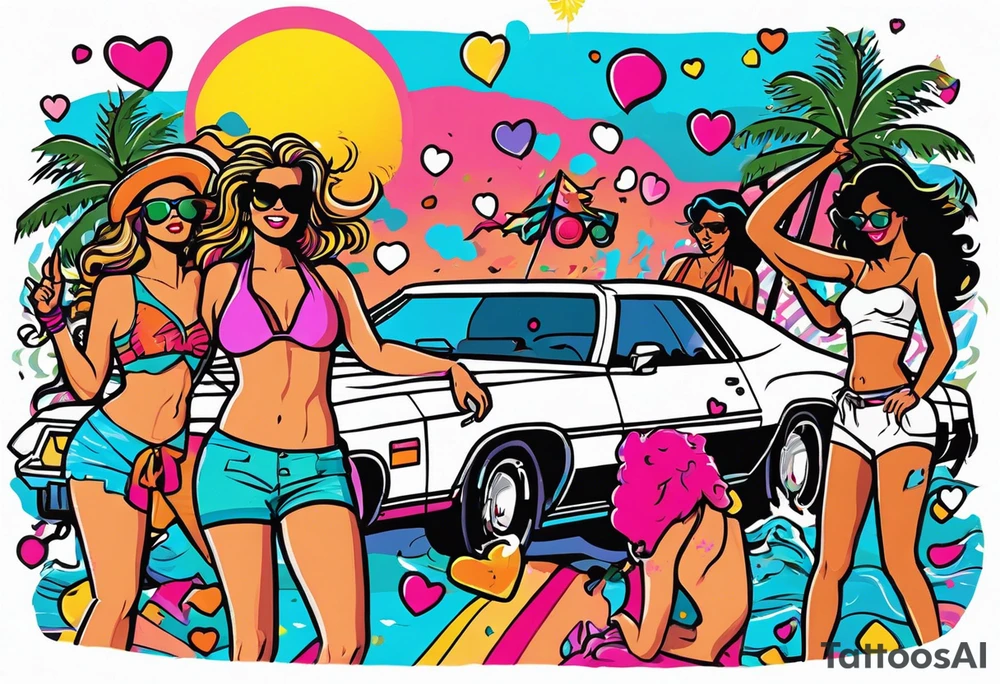 1980's miami vice style beach dance 
party, include confetti, music notes, boom box, bikinis sunset in the center tattoo idea