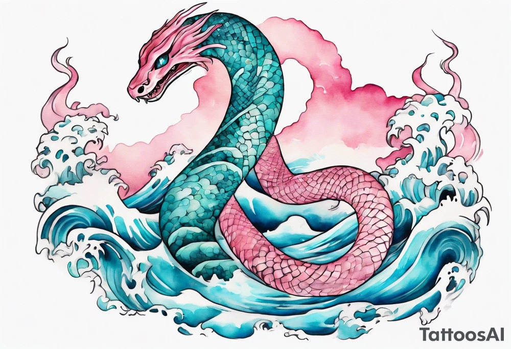 a pretty turquoise pink and white serpent rising from the blue waves of the ocean tattoo idea