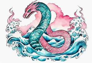 a pretty turquoise pink and white serpent rising from the blue waves of the ocean tattoo idea