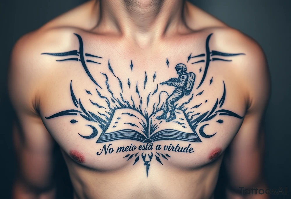 A parachuting soldier landing into an open book. Chaos surrounding, but the book is protecting the soldier from it. On the chest. Make the tattoo smaller. Make it thought provoking. "No meio esta a virtude" underneath the book. Make the chaos in the environment be a thunderstorm tattoo idea