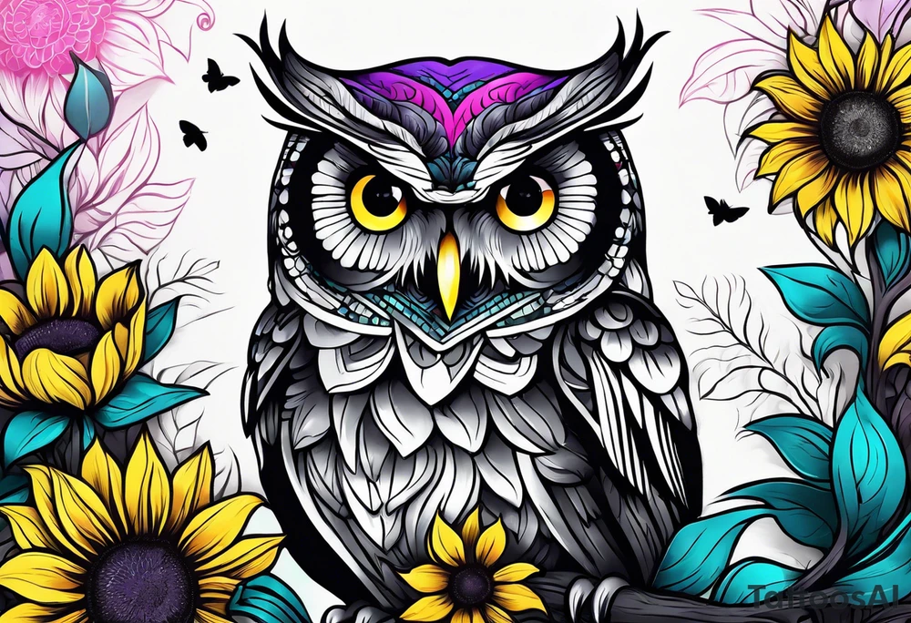 Half arm sleeve black and white owl shaded teal, pink and purple surrounded by yellow sunflowers tattoo idea