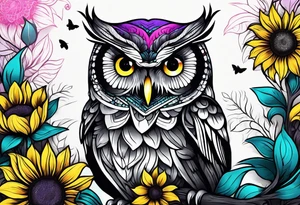 Half arm sleeve black and white owl shaded teal, pink and purple surrounded by yellow sunflowers tattoo idea