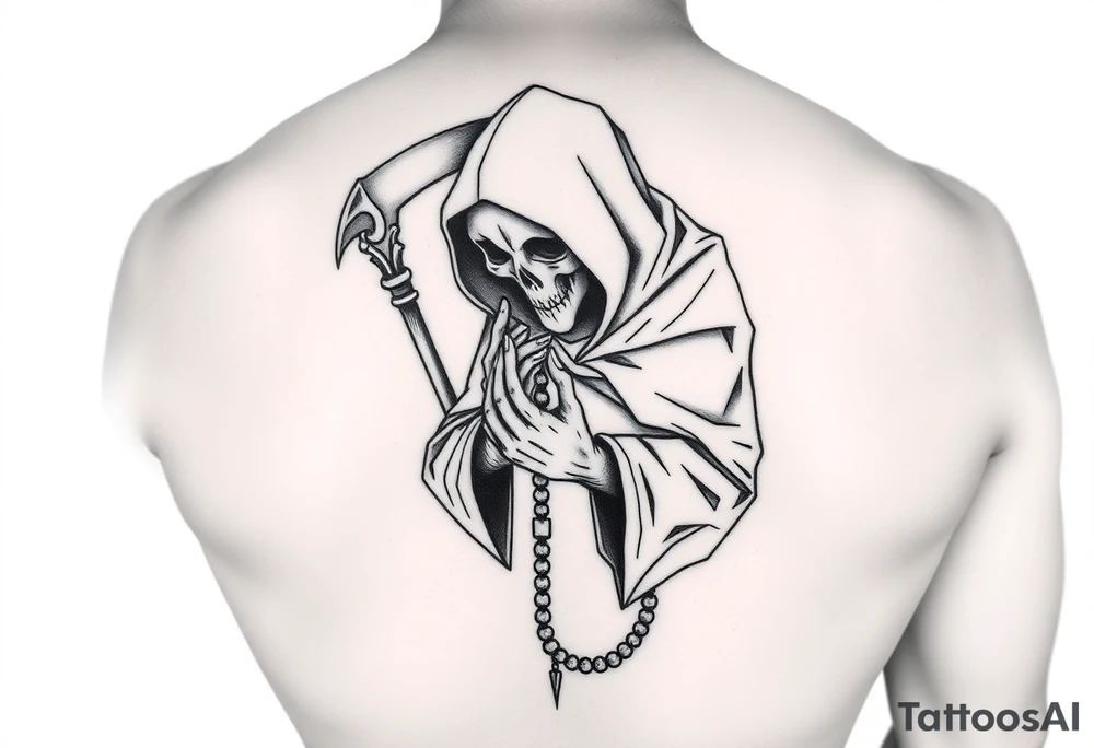A black-and-white tattoo design of the Grim Reaper. He is standing straight in a geometric art style. His head is bowed, and his hands are clasped in prayer, with rosary beads wrapped around them. He looks down toward the beads tattoo idea