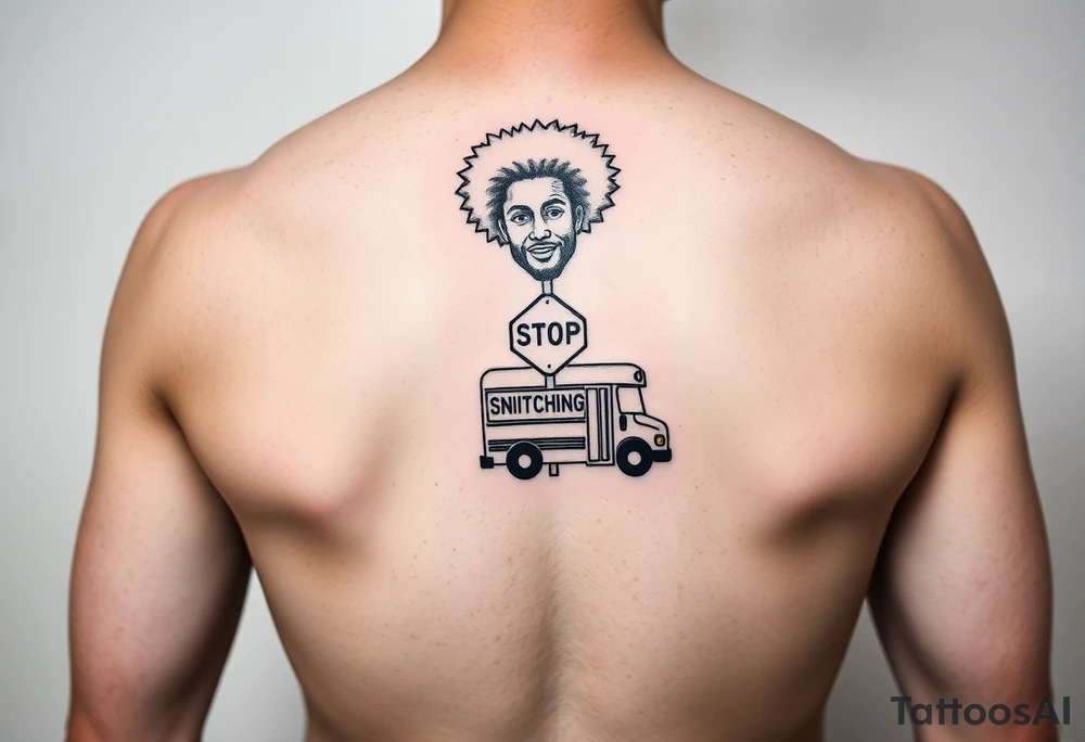 an african american with an afro with his hands standing in front of him with one hand vertically and one horrizonal in the shape of a T standing of a short bus with a stop sign that says STOP SNITCHING tattoo idea