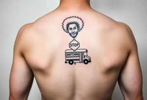 an african american with an afro with his hands standing in front of him with one hand vertically and one horrizonal in the shape of a T standing of a short bus with a stop sign that says STOP SNITCHING tattoo idea
