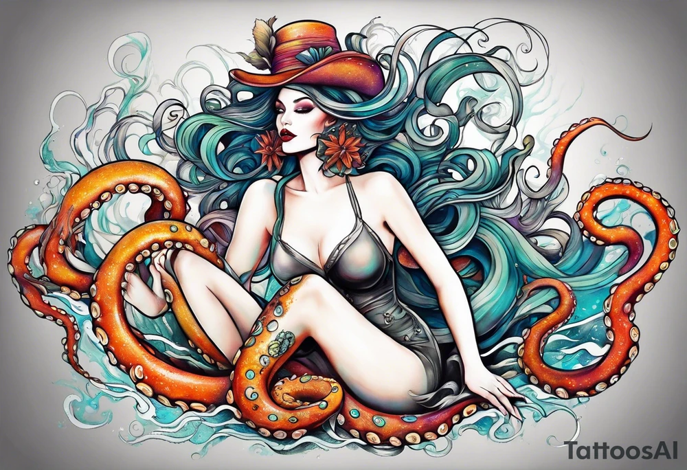 Sea witch with octopus tentacles for legs pinup style full color tattoo idea