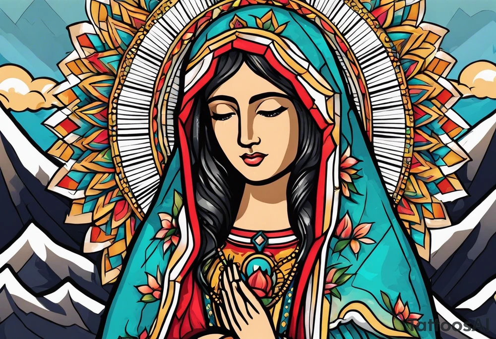Virgen de Guadalupe with angel , clouds , mountains tattoo idea