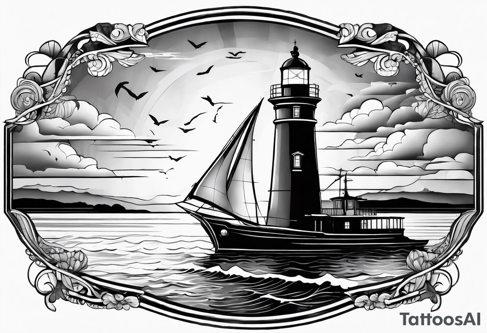 maritime lighthouse partially hidden by its large fixed sail. calm sea reflection. tattoo idea