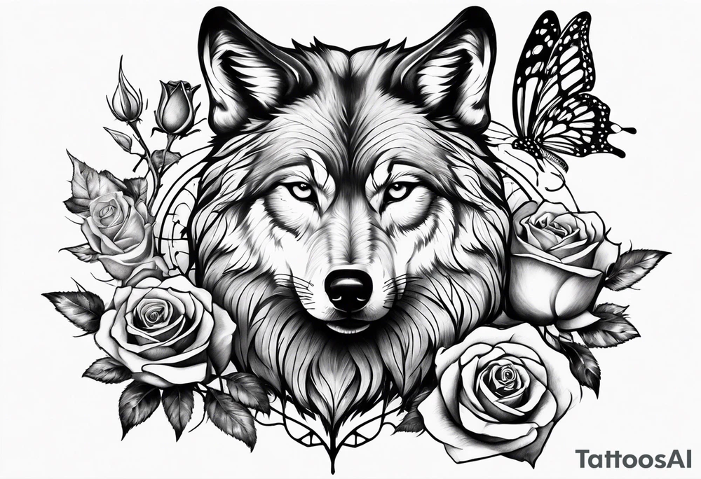 Wolf and butterfly and rose tattoo idea