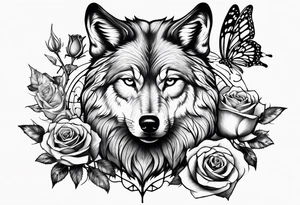 Wolf and butterfly and rose tattoo idea