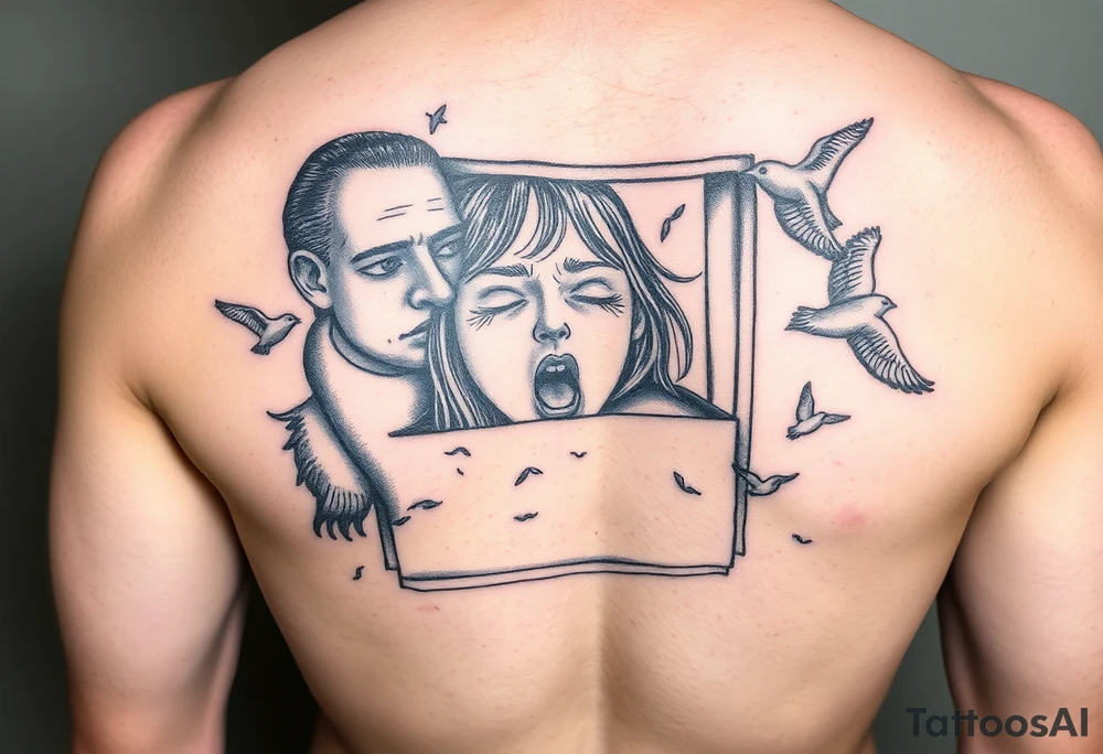 a girl trapped in a box trying to get out with faces blurred out around her screaming and birds flying tattoo idea