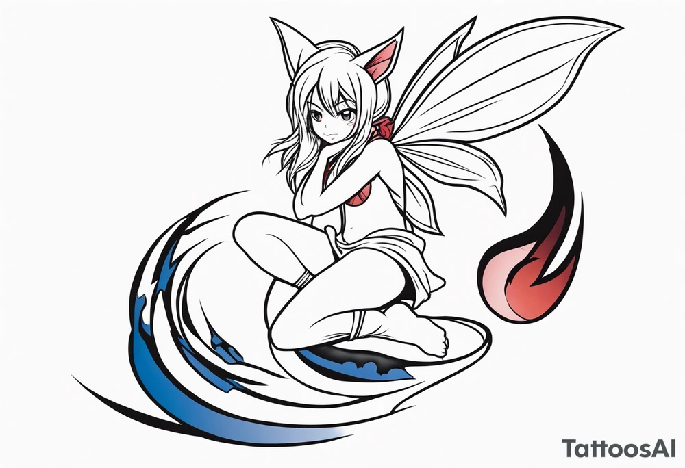 A fairy with a tail inspired by the logo of the anime show called Fairy Tail in a fetal position leaning in tattoo idea