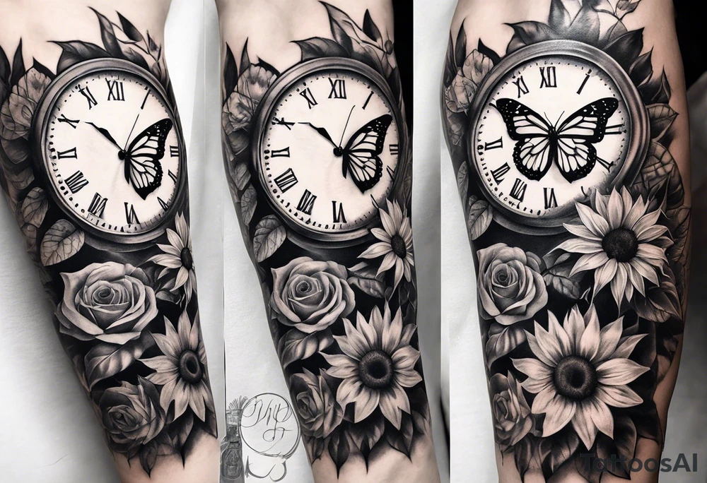 Sleeve with clock, sunflower and butterfly tattoo idea
