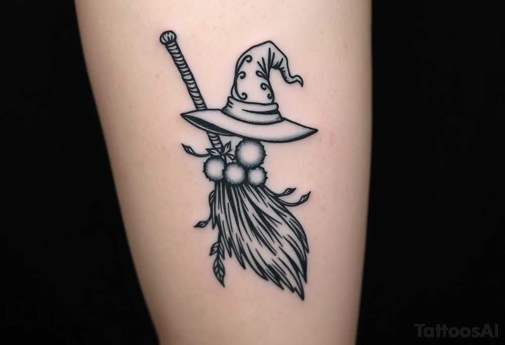 Which is broom with handle
 a witches hat with vines and feathers 
Smaller broom with hat placed on top or in the middle
Feminine and on a leg tattoo idea