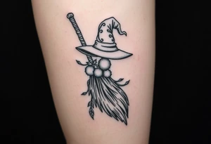 Which is broom with handle
 a witches hat with vines and feathers 
Smaller broom with hat placed on top or in the middle
Feminine and on a leg tattoo idea