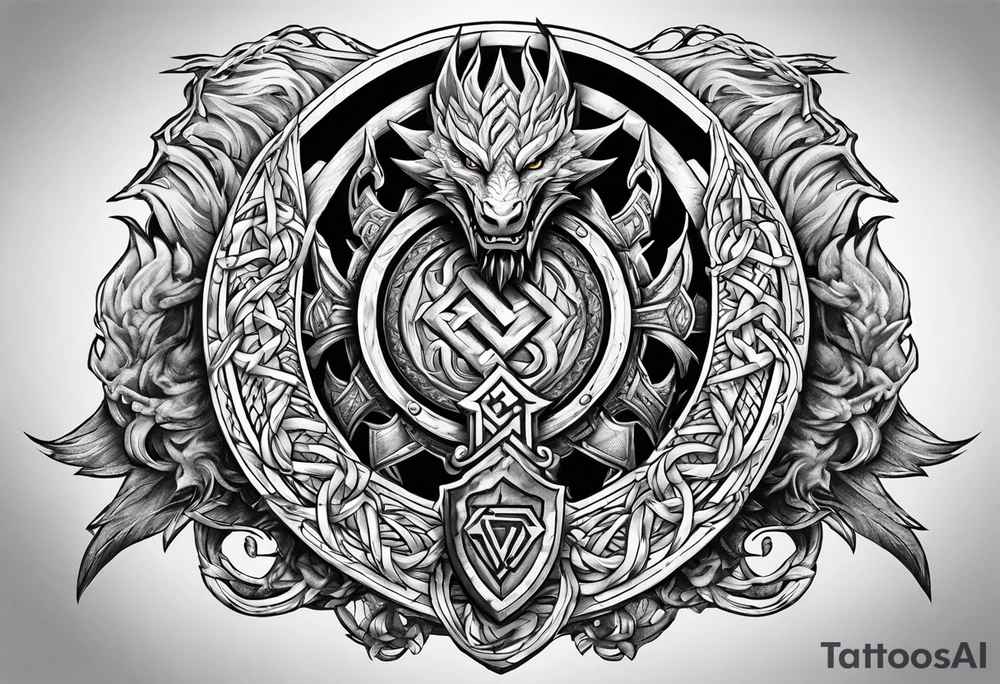 Valhalla sword round shield dragon axe Valknut steps fire chains tattoo idea Valhalla sword round shield dragon axe Valknut steps fire chains tattoo idea