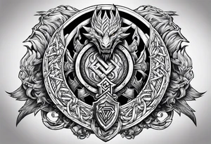 Valhalla sword round shield dragon axe Valknut steps fire chains tattoo idea