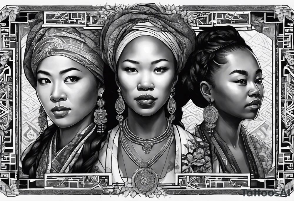 three  people side by side. a really really young black Daughter on the left, a wiht mother in the middle, really really old asian grandmother on the right. greater age difference, in an artfully decorated frame tattoo idea