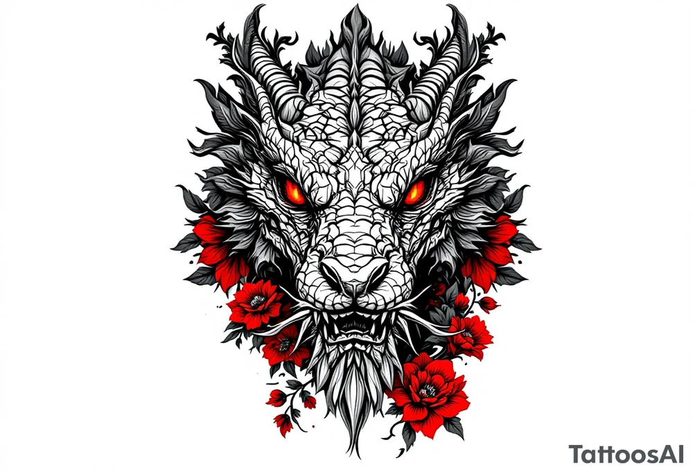 powerful majestic reptile with red eyes, surrounded by red floral ornaments tattoo idea