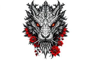 powerful majestic reptile with red eyes, surrounded by red floral ornaments tattoo idea