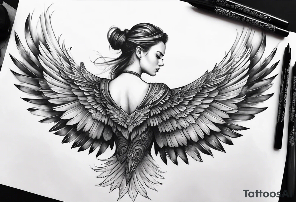 wings extending from a mens shoulders, covering the upper arms and upper back. The feathers are intricately detailed, with soft shading in black and gray to create depth and texture. The wings gently converge in the middle of the back, forming a harmonious and cohesive design. tattoo idea