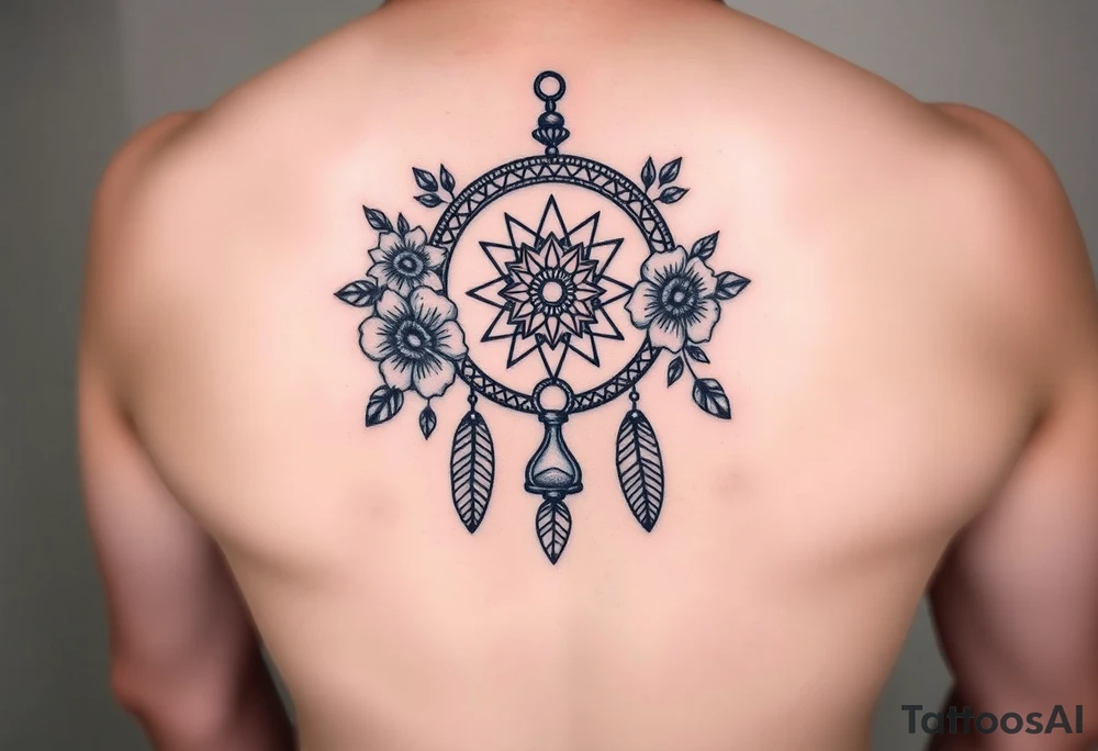 Boho dream catcher with gothic compass and hourglass. Beautiful flowers and an ornamental chandelier like look tattoo idea