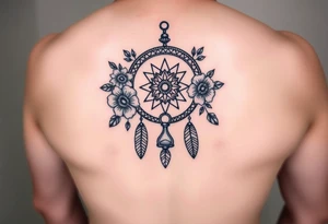 Boho dream catcher with gothic compass and hourglass. Beautiful flowers and an ornamental chandelier like look tattoo idea