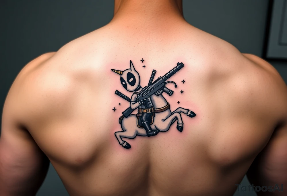 Deadpool riding unicorn holding big gun tattoo idea